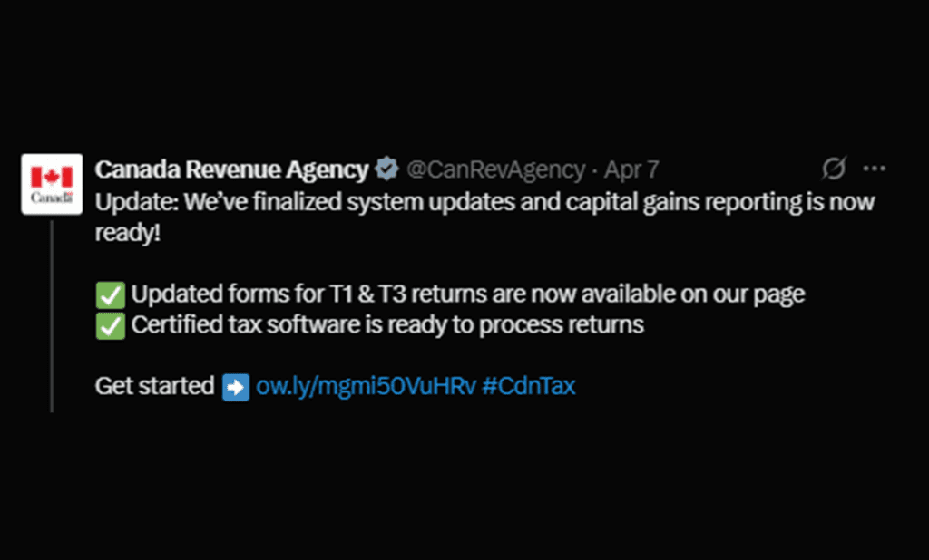 CRA recent tweet about capital gains reporting now ready