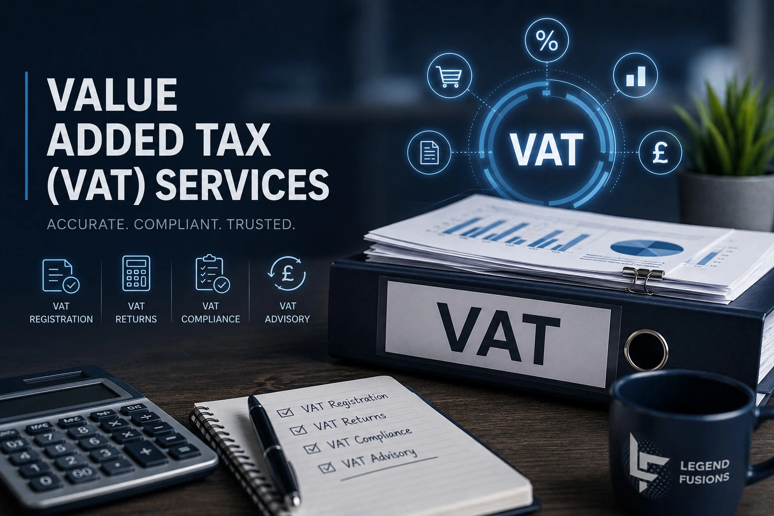 VAT services UK showing VAT tax documents and accounting calculator